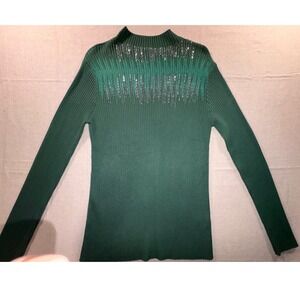Boston Proper Green Ribbed Mock Neck Embellished Sunburst Sweater Size M